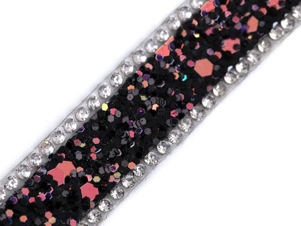 Bügel-Borte mit Glitzer und Steinchen Breite 15mm Schwarz/Lila
